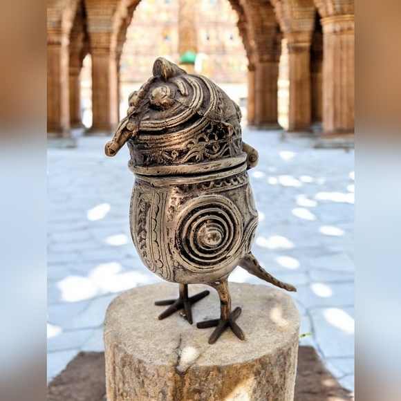 Dhokra Owl Intricate Metal Bird Sculpture Box Vintage India - Picture 1 of 9